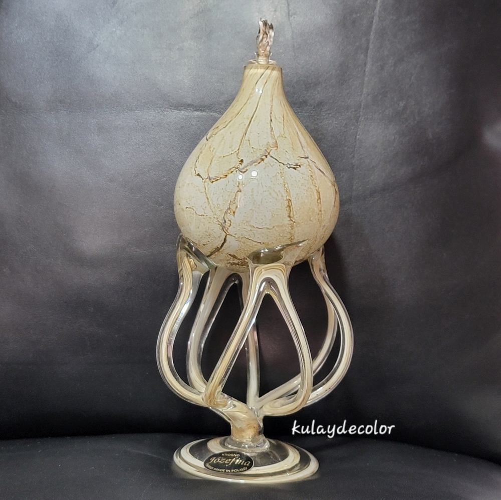 Josefina Krosno Handblown Art Glass Oil Lamp w/Burner/Wick Octopus Jellyfish Vtg